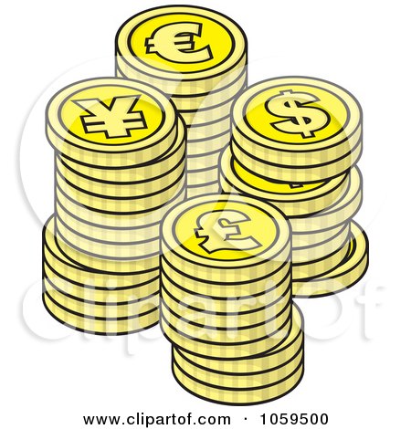 Royalty-Free Vector Clip Art Illustration of Piles Of Euro, Dollar, Lira And  Yen Coins by Any Vector
