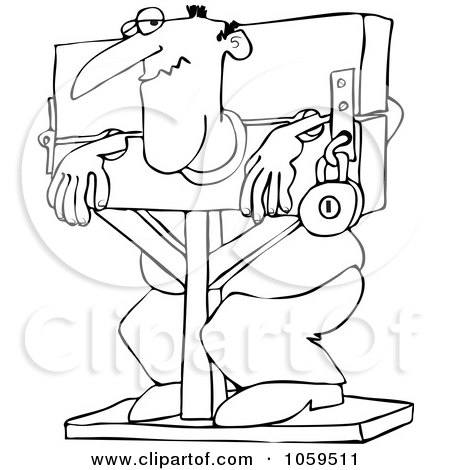 Royalty-Free Vector Clip Art Illustration of a Coloring Page Outline Of A Man Locked In Stocks by djart