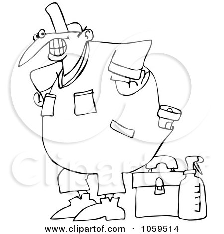Royalty-Free Vector Clip Art Illustration of a Coloring Page Outline Of A Happy Worker With A Tool Box And Cleaner by djart