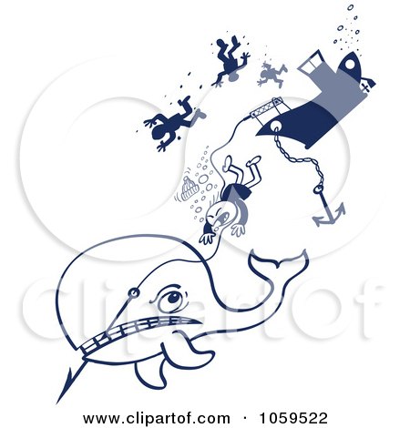 Royalty-Free Vector Clip Art Illustration of an Angry Whale Taking Down A Harpoon And Whalers by Zooco