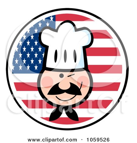 Royalty-Free Vector Clip Art Illustration of a Winking Chef Face Over An American Flag Circle by Hit Toon