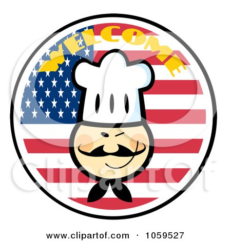 Royalty-Free Vector Clip Art Illustration of an Asian Chef Face Over An American Flag Circle With Welcome Text by Hit Toon