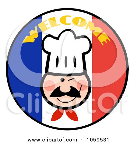 Royalty-Free Vector Clip Art Illustration of a Winking Chef Face On A Welcome French Flag Circle by Hit Toon