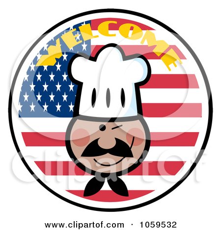 Royalty-Free Vector Clip Art Illustration of a Black Chef Face Over An American Flag Circle With Welcome Text by Hit Toon