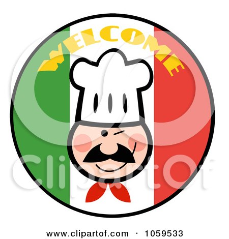 Royalty-Free Vector Clip Art Illustration of a Winking Chef Face Over A Welcome Italian Flag Circle by Hit Toon