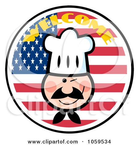 Royalty-Free Vector Clip Art Illustration of a Chef Face Over An American Flag Circle With Welcome Text by Hit Toon