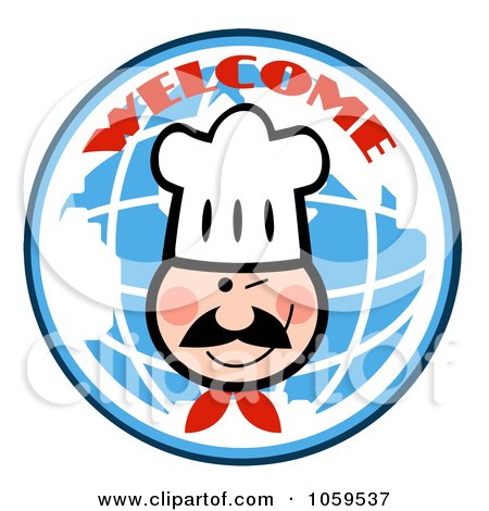 Royalty-Free Vector Clip Art Illustration of a Winking Chef Face Over A Globe by Hit Toon