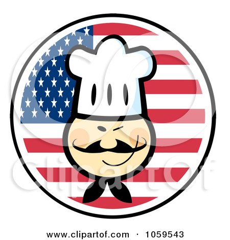 Royalty-Free Vector Clip Art Illustration of a Winking Asian Chef Face Over An American Flag Circle by Hit Toon