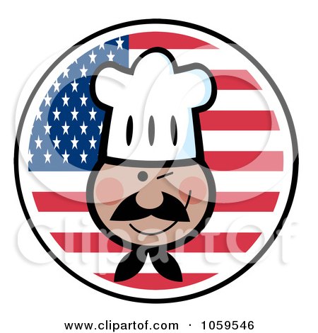 Royalty-Free Vector Clip Art Illustration of a Winking Black Chef Face Over An American Flag Circle by Hit Toon