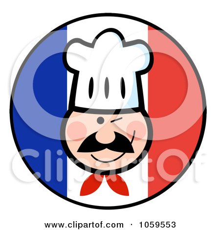 Royalty-Free Vector Clip Art Illustration of a Winking Chef Face On A French Flag Circle by Hit Toon