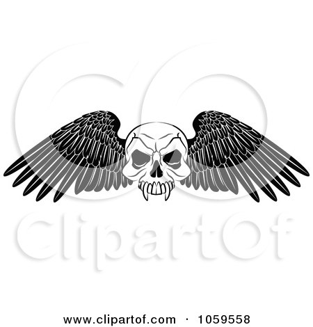Royalty-Free Vector Clip Art Illustration of a Black And White Winged Skull Tattoo Design by AtStockIllustration
