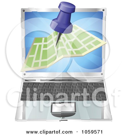Royalty-Free Vector Clip Art Illustration of a 3d Road Map And Pin Over A Laptop Computer by AtStockIllustration