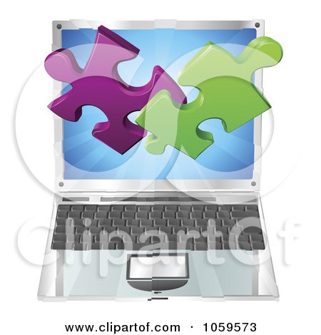 Royalty-Free Vector Clip Art Illustration of 3d Solution Puzzle Pieces Over A Laptop Computer by AtStockIllustration