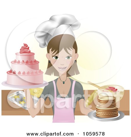 Royalty-Free Vector Clip Art Illustration of a Young Female Chef Holding Two Cakes by AtStockIllustration