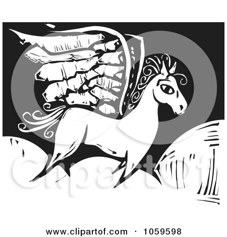 Royalty-Free Vector Clip Art Illustration of a Black And White Woodcut Styled Pegasus On A Cloud by xunantunich