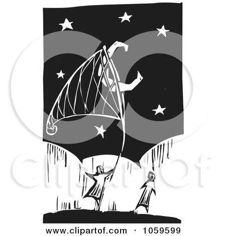 Royalty-Free Vector Clip Art Illustration of a Black And White Woodcut Styled Couple Catching The Moon With A Net by xunantunich