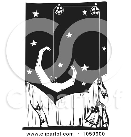Royalty-Free Vector Clip Art Illustration of a Black And White Woodcut Styled Team Hoisting A Crescent Moon Into The Sky by xunantunich