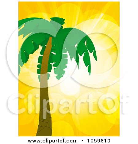 Royalty-Free Vector Clip Art Illustration of a Palm Tree Against A Yellow Flare Sky by elaineitalia