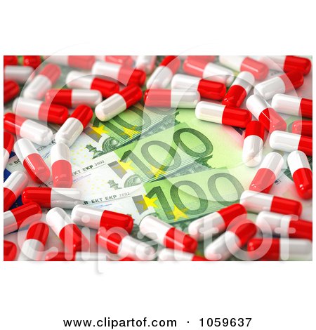 Royalty-Free CGI Clip Art Illustration of 3d Prescription Pills Over Euro Cash by stockillustrations