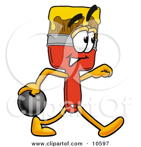 Clipart Picture of a Paint Brush Mascot Cartoon Character Holding a Bowling Ball by Mascot Junction