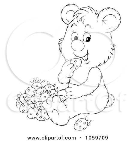 Royalty-Free Clip Art Illustration of a Coloring Page Outline Of A Bear Eating Strawberries by Alex Bannykh