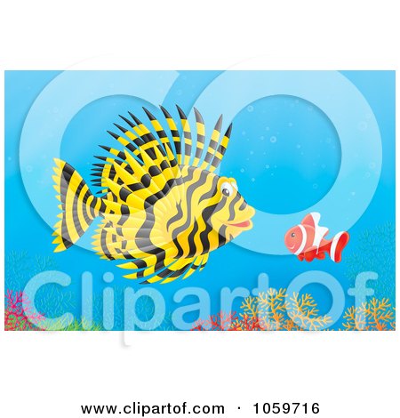 Royalty-Free Clip Art Illustration of a Lion And Clown Fish Over A Coral Reef by Alex Bannykh