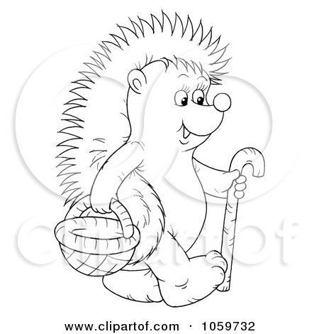 Royalty-Free Clip Art Illustration of a Coloring Page Outline Of A Hedgehog With A Cane And Basket by Alex Bannykh