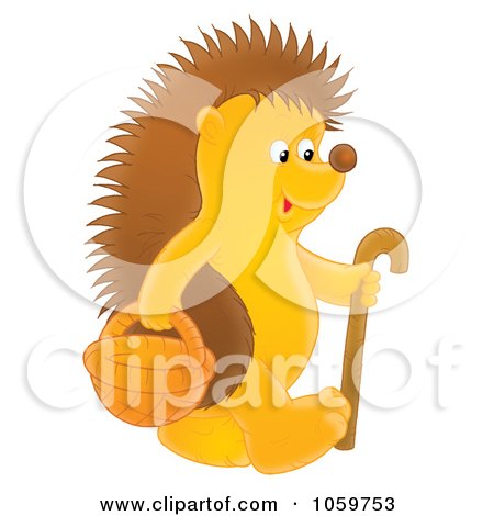 Royalty-Free Clip Art Illustration of a Hedgehog With A Cane And Basket by Alex Bannykh