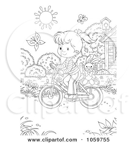 Royalty-Free Clip Art Illustration of a Coloring Page Outline Of A Girl Riding A Bicycle by Alex Bannykh