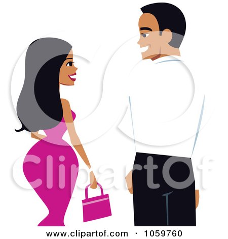Royalty-Free Vector Clip Art Illustration of a Voluptuous Woman And Handsome Young Man From Behind, Looking At Each Other by Monica