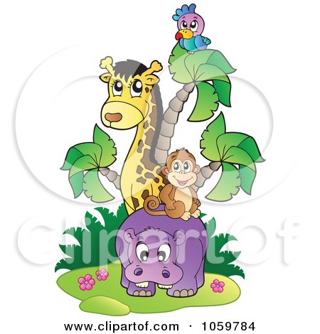 Royalty-Free Vector Clip Art Illustration of a Parrot, Giraffe, Monkey And Hippo by visekart