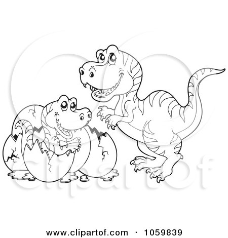 Royalty-Free Vector Clip Art Illustration of a Coloring Page Outline Of A Tyrannosaurus Hatching by visekart