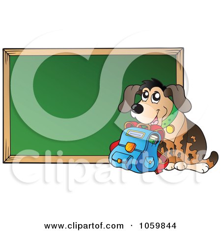 Royalty-Free Vector Clip Art Illustration of a Dog With A Book Bag By A Chalkboard by visekart