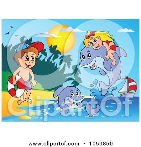 Royalty-Free Vector Clip Art Illustration of a Girl And Boy With Dolphins by visekart