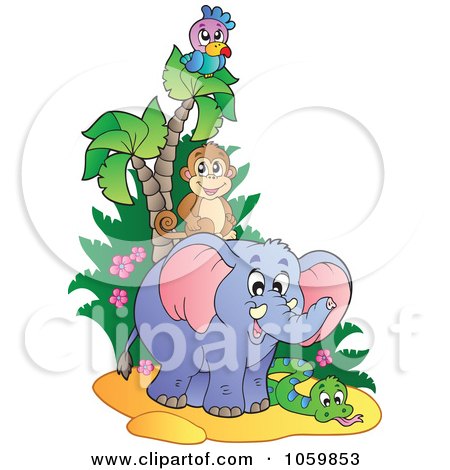 Royalty-Free Vector Clip Art Illustration of a Parrot, Monkey, Elephant And Snake by visekart