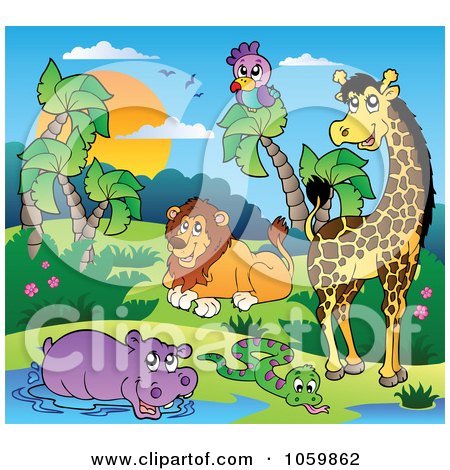 Royalty-Free Vector Clip Art Illustration of African Animals By A Water Hole - 4 by visekart
