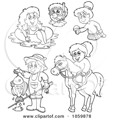 Royalty-Free Vector Clip Art Illustration of a Digital Collage Of Coloring Page Outlines Of Recreations by visekart
