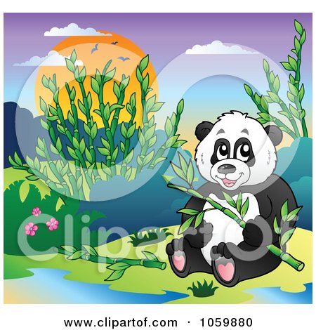 Royalty-Free Vector Clip Art Illustration of a Panda Bear Holding Bamboo In The Wild by visekart