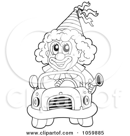 Royalty-Free Vector Clip Art Illustration of a Coloring Page Outline Of a Clown Driving A Car by visekart