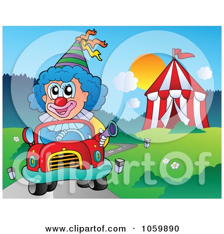 Royalty-Free Vector Clip Art Illustration of a Clown Driving A Car By A Big Top by visekart