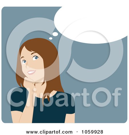 Royalty-Free Vector Clip Art Illustration of a Happy Young Brunette Woman In Thought by Rosie Piter