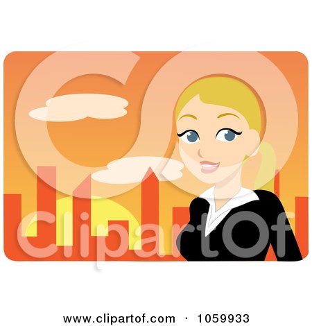 Royalty-Free Vector Clip Art Illustration of a Blond Urban Businesswoman Against An Orange Skyline by Rosie Piter