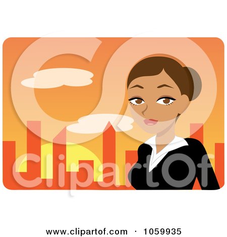 Royalty-Free Vector Clip Art Illustration of a Hispanic Urban Businesswoman Against An Orange Skyline by Rosie Piter