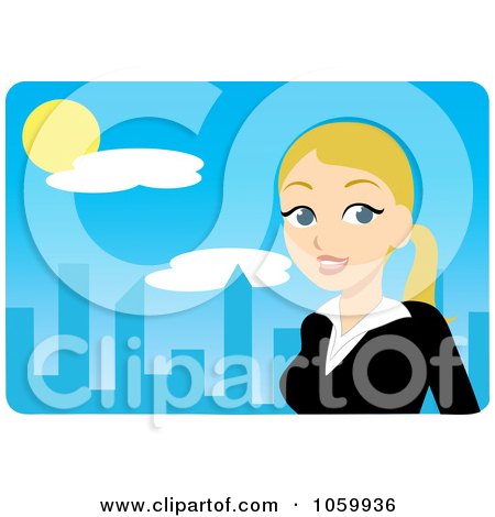 Royalty-Free Vector Clip Art Illustration of a Blond Urban Businesswoman Against A Blue Skyline by Rosie Piter