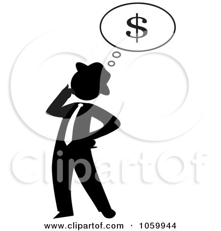 Royalty-Free Vector Clip Art Illustration of a Black Silhouetted Businessman Thinking Of Finances by Rosie Piter