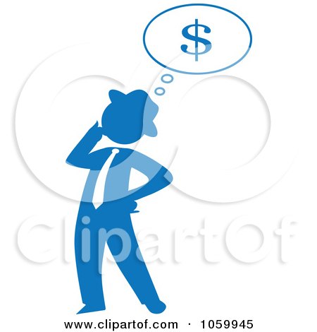 Royalty-Free Vector Clip Art Illustration of a Blue Silhouetted Businessman Thinking Of Finances by Rosie Piter
