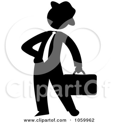 Royalty-Free Vector Clip Art Illustration of a Black Silhouetted Businessman Standing With A Briefcase by Rosie Piter
