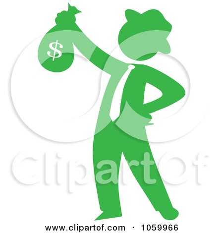 Royalty-Free Vector Clip Art Illustration of a Green Silhouetted Philanthropist Businessman Holding A Money Bag by Rosie Piter