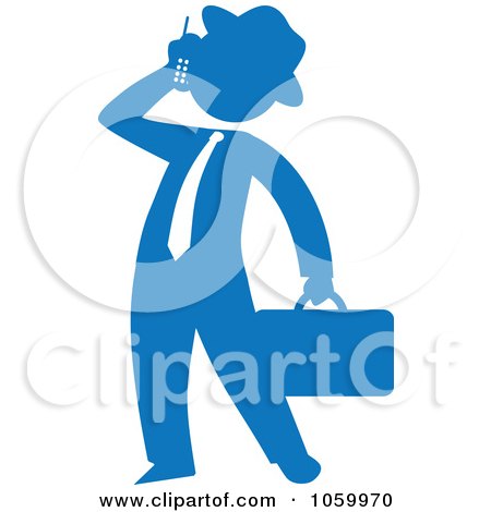 Royalty-Free Vector Clip Art Illustration of a Blue Silhouetted Businessman Talking On A Cellular Phone by Rosie Piter