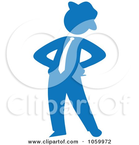Royalty-Free Vector Clip Art Illustration of a Blue Silhouetted Businessman Standing With His Hands On His Hips by Rosie Piter